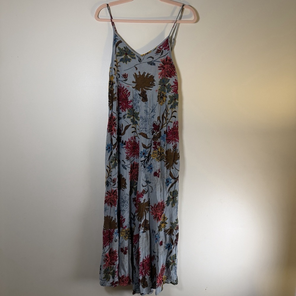 Natural Life Floral Wide Leg Jumpsuit XS Blue Rayon Boho Crinkle